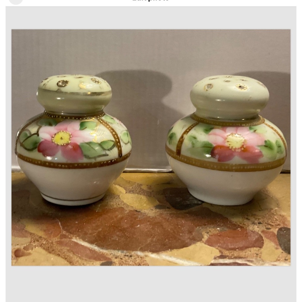 2 Vintage Hand Painted Porcelain Vanity Powder Shakers Set Pink Flowers Gold